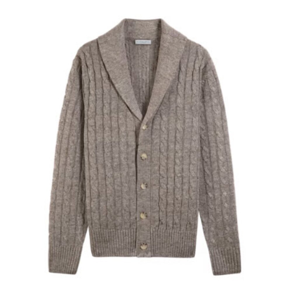 Suitsupply Men's Taupe Shawl Collar Linen Cotton Cable Knit Cardigan Size S EUC